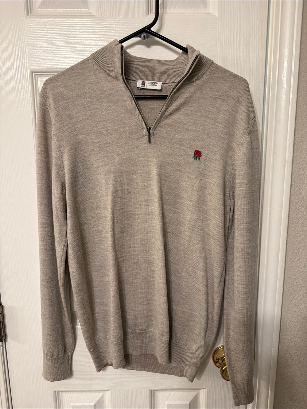 Charles Tyrwhitt Beige Quarter-Zip Sweater with Red Rose Motif